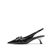 Black Pleated Leather Strap Slingback Pumps