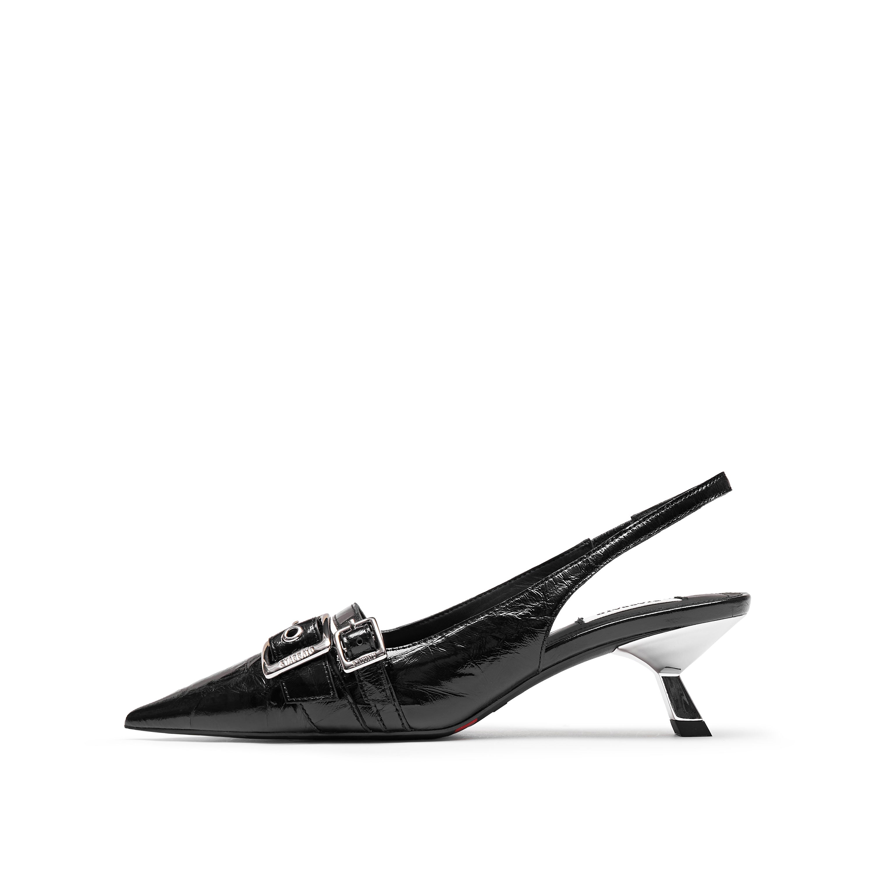 Black Pleated Leather Strap Slingback Pumps