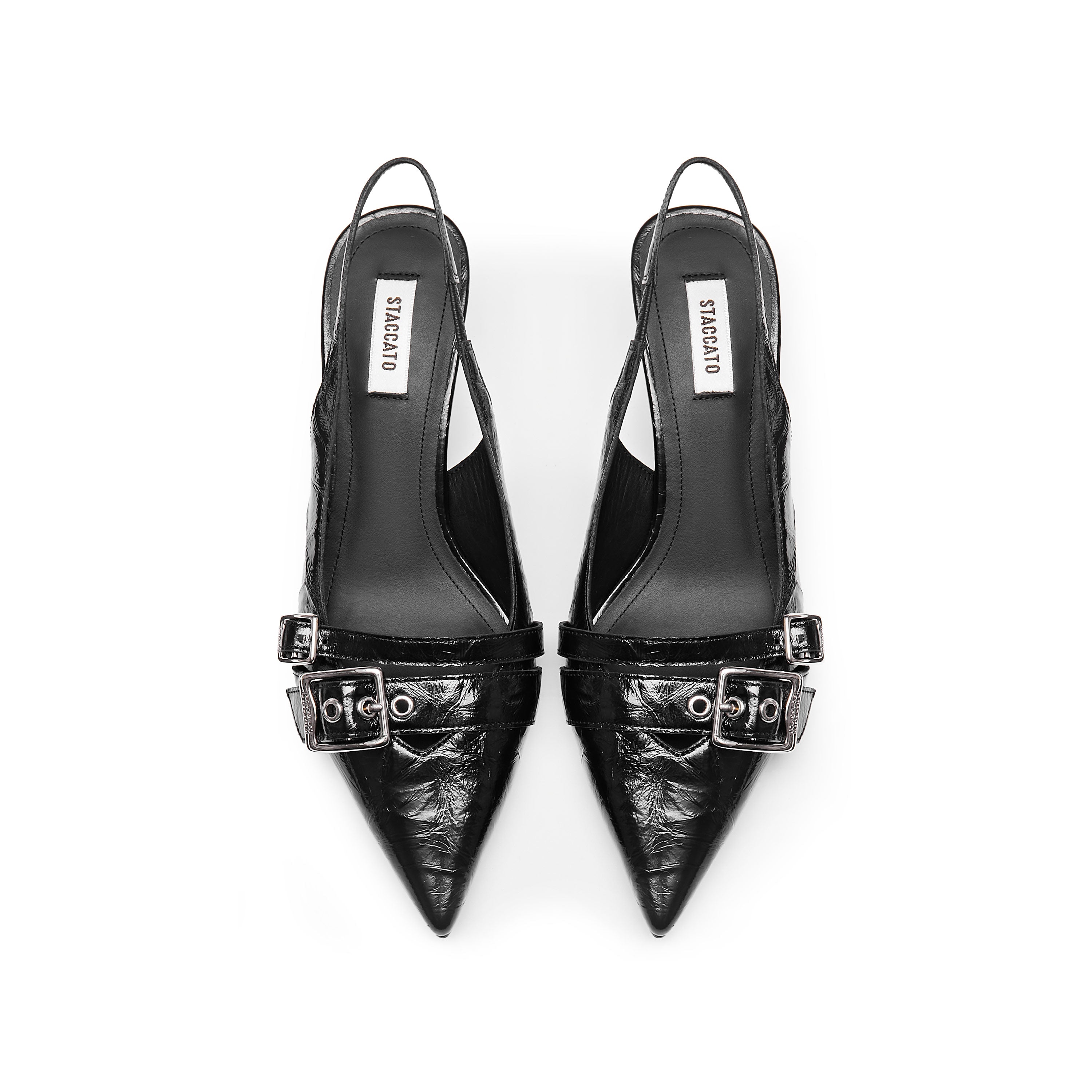 Black Pleated Leather Strap Slingback Pumps