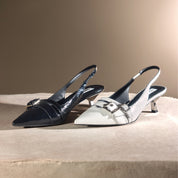 Black Pleated Leather Strap Slingback Pumps