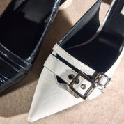Black Pleated Leather Strap Slingback Pumps