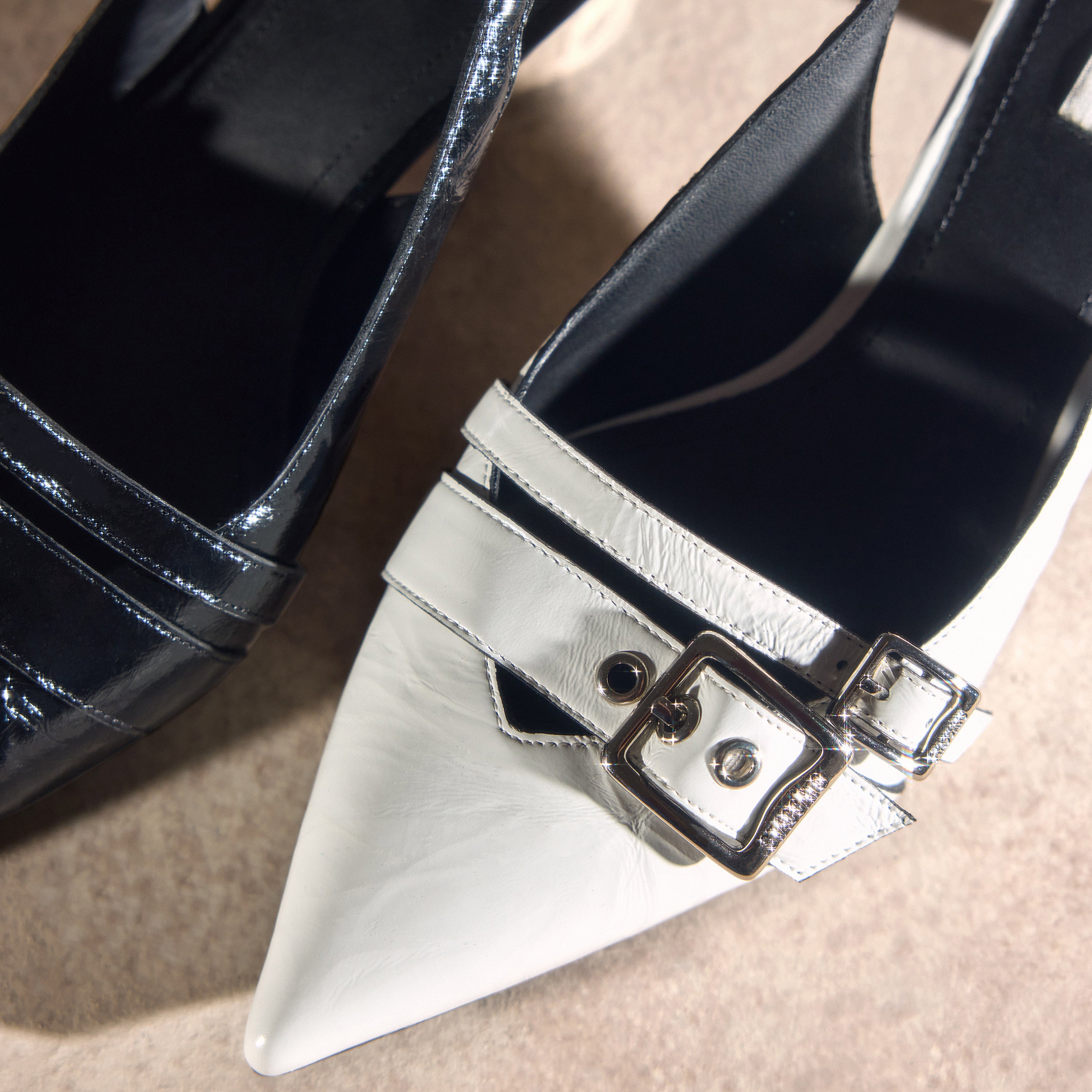 Black Pleated Leather Strap Slingback Pumps