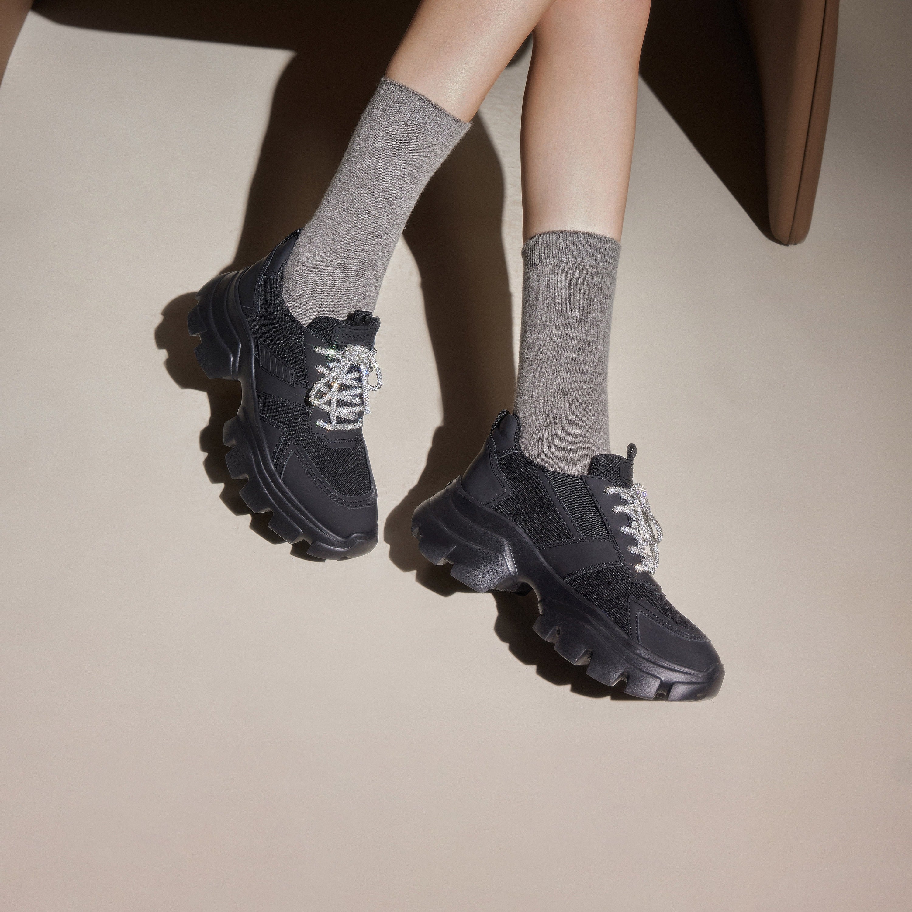 Black Patch Crystal Lace Up Chunky Sneakers