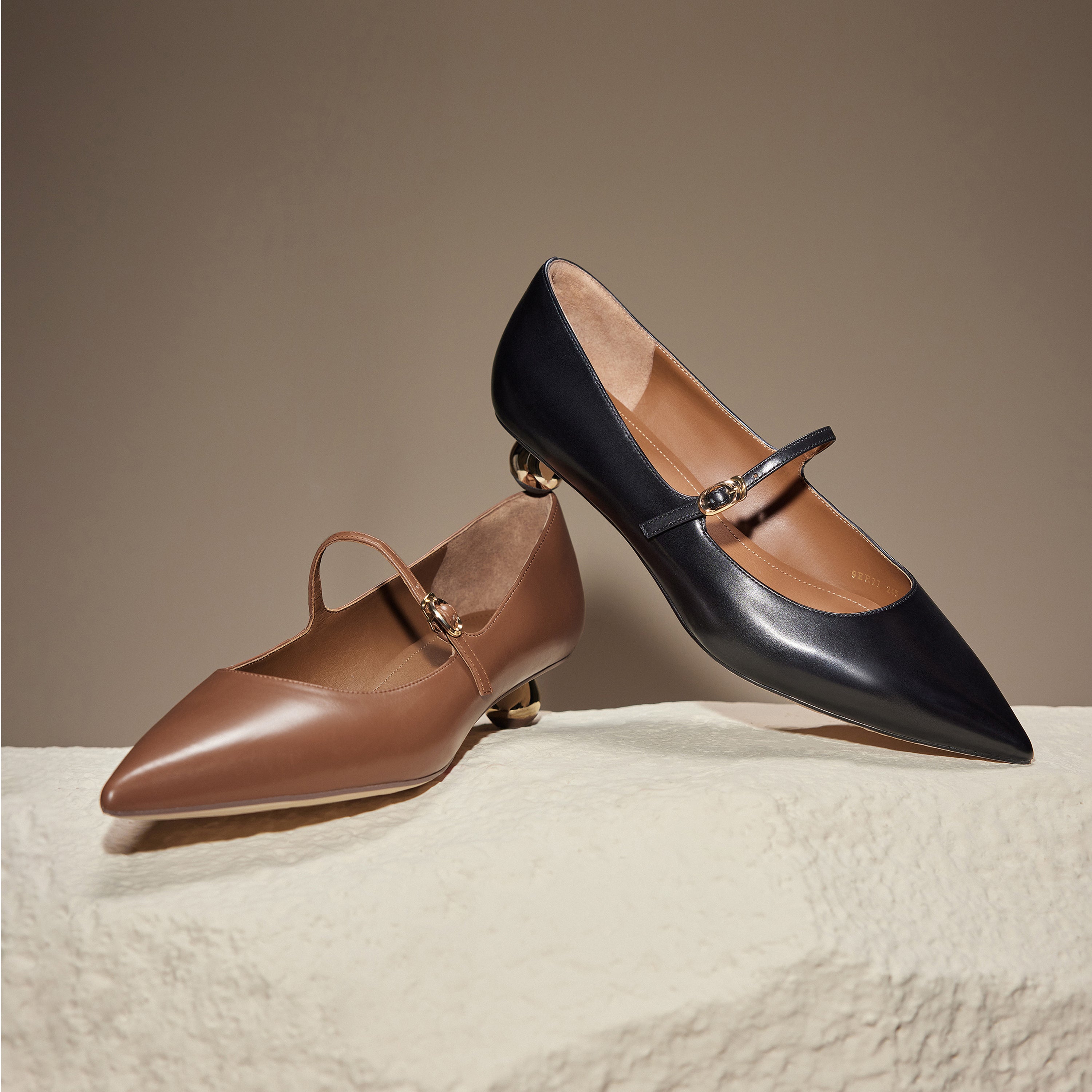Caramel Waxy Pointy Strap Golden Heel Pumps