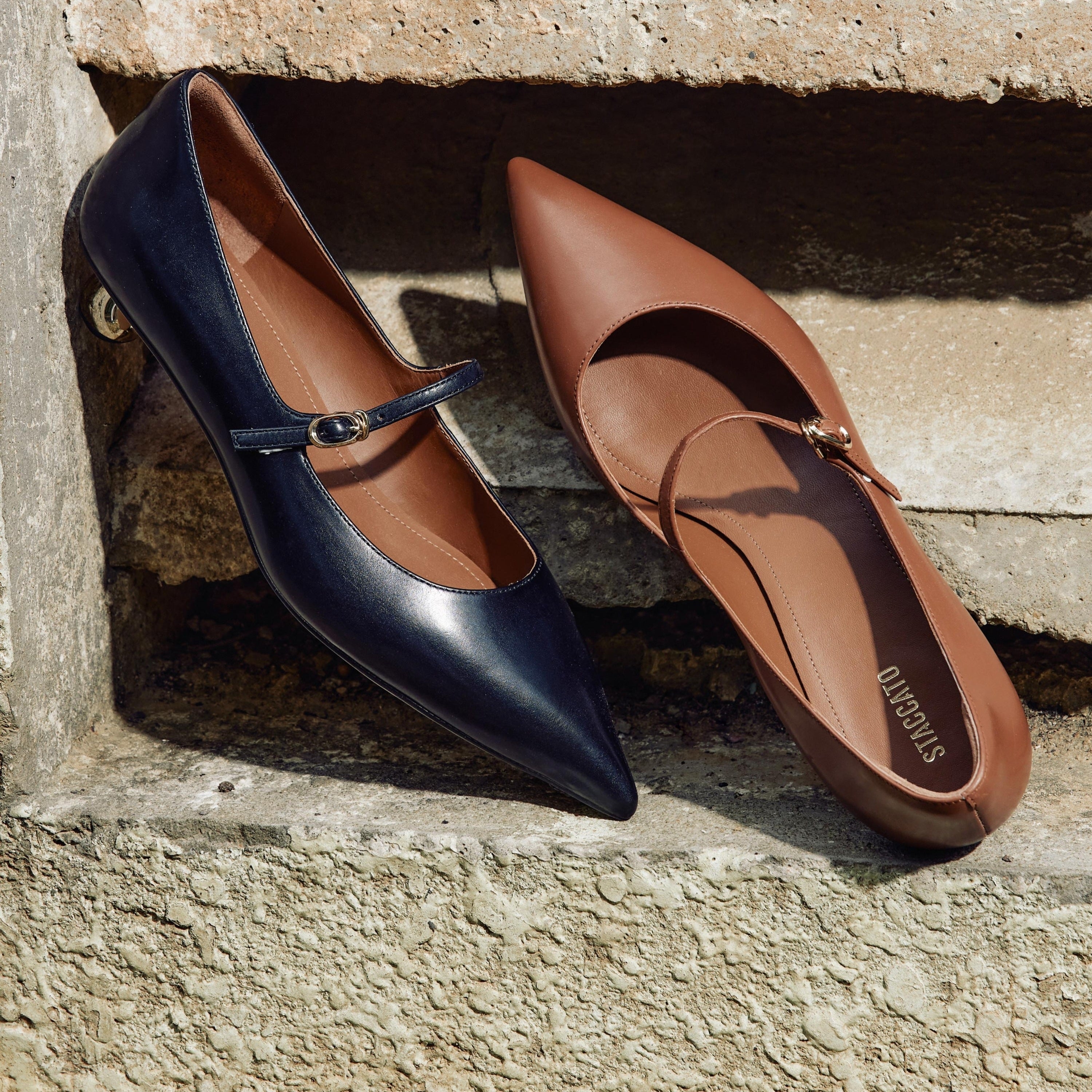 Caramel Waxy Pointy Strap Golden Heel Pumps