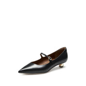Black Waxy Pointy Strap Golden Heel Pumps