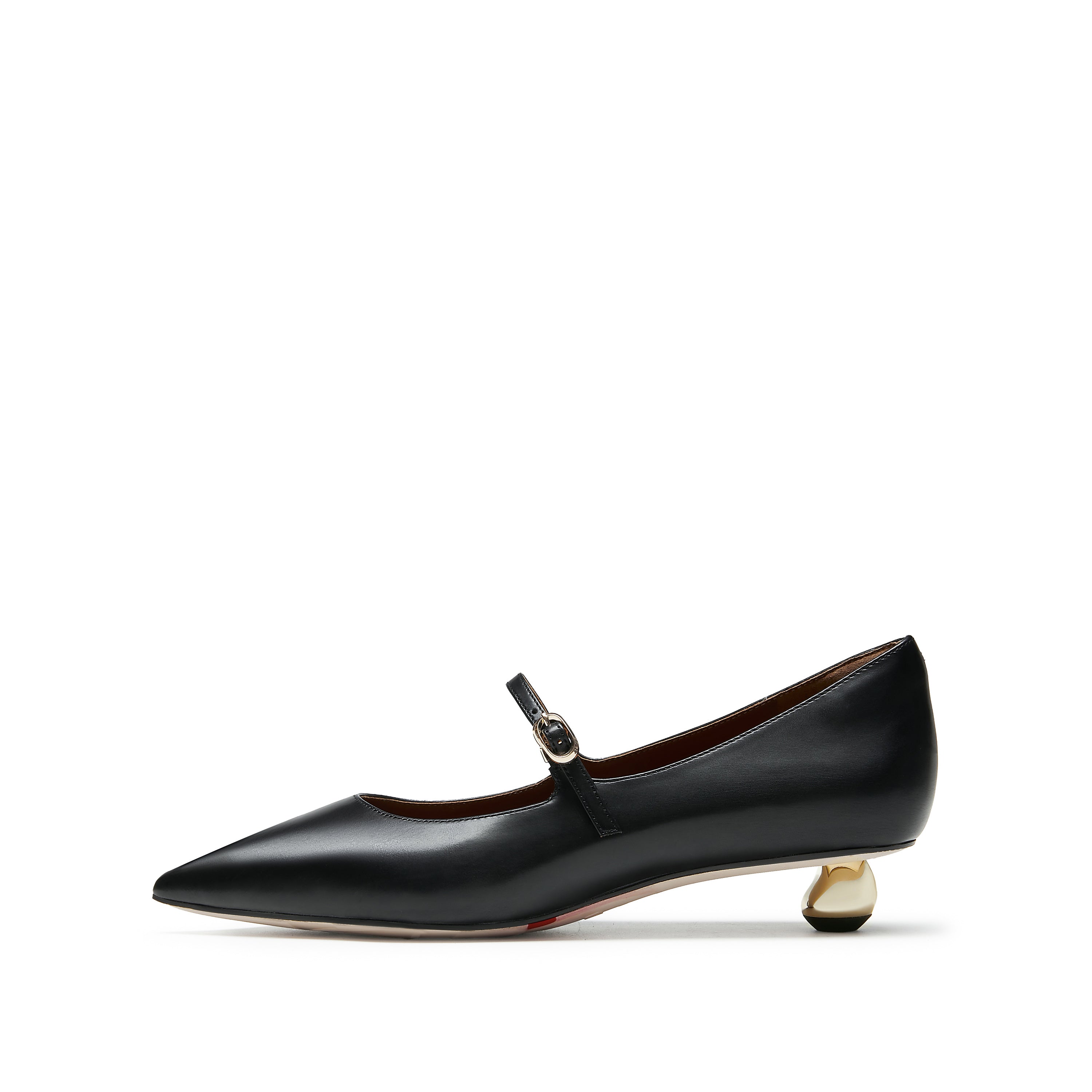 Black Waxy Pointy Strap Golden Heel Pumps
