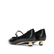 Black Waxy Pointy Strap Golden Heel Pumps
