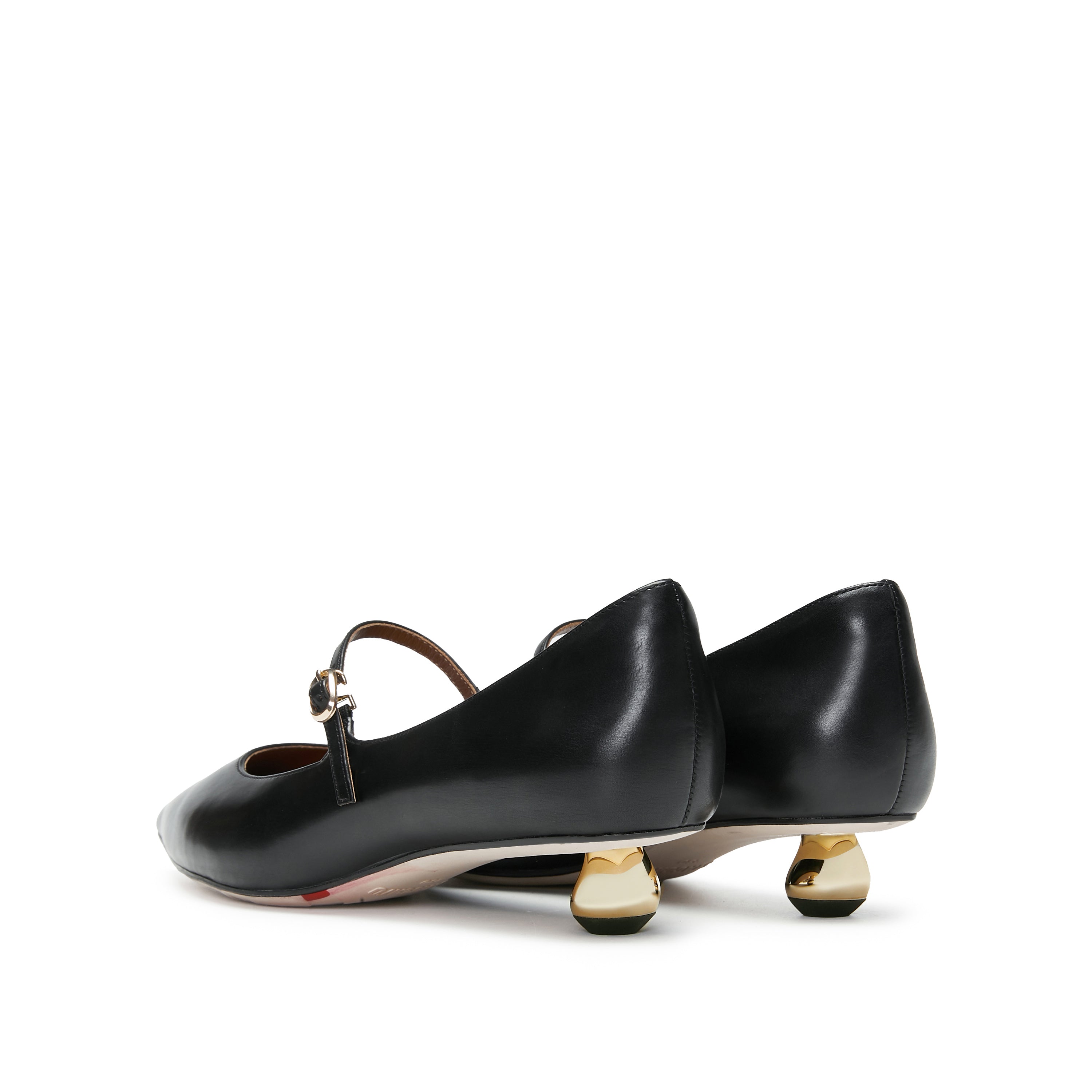 Black Waxy Pointy Strap Golden Heel Pumps