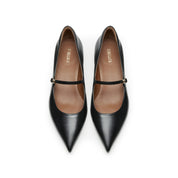 Black Waxy Pointy Strap Golden Heel Pumps