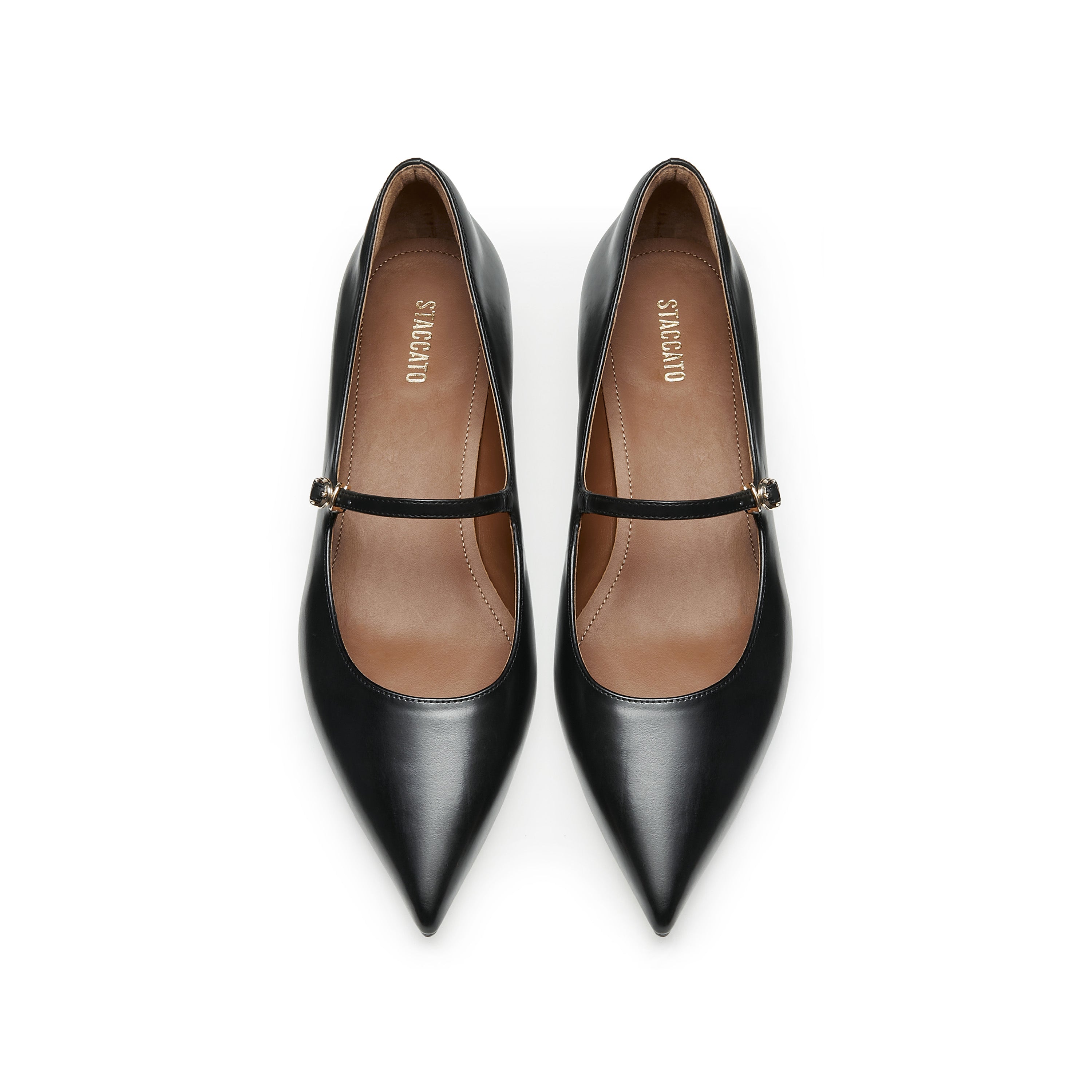 Black Waxy Pointy Strap Golden Heel Pumps
