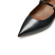 Black Waxy Pointy Strap Golden Heel Pumps