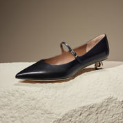 Black Waxy Pointy Strap Golden Heel Pumps