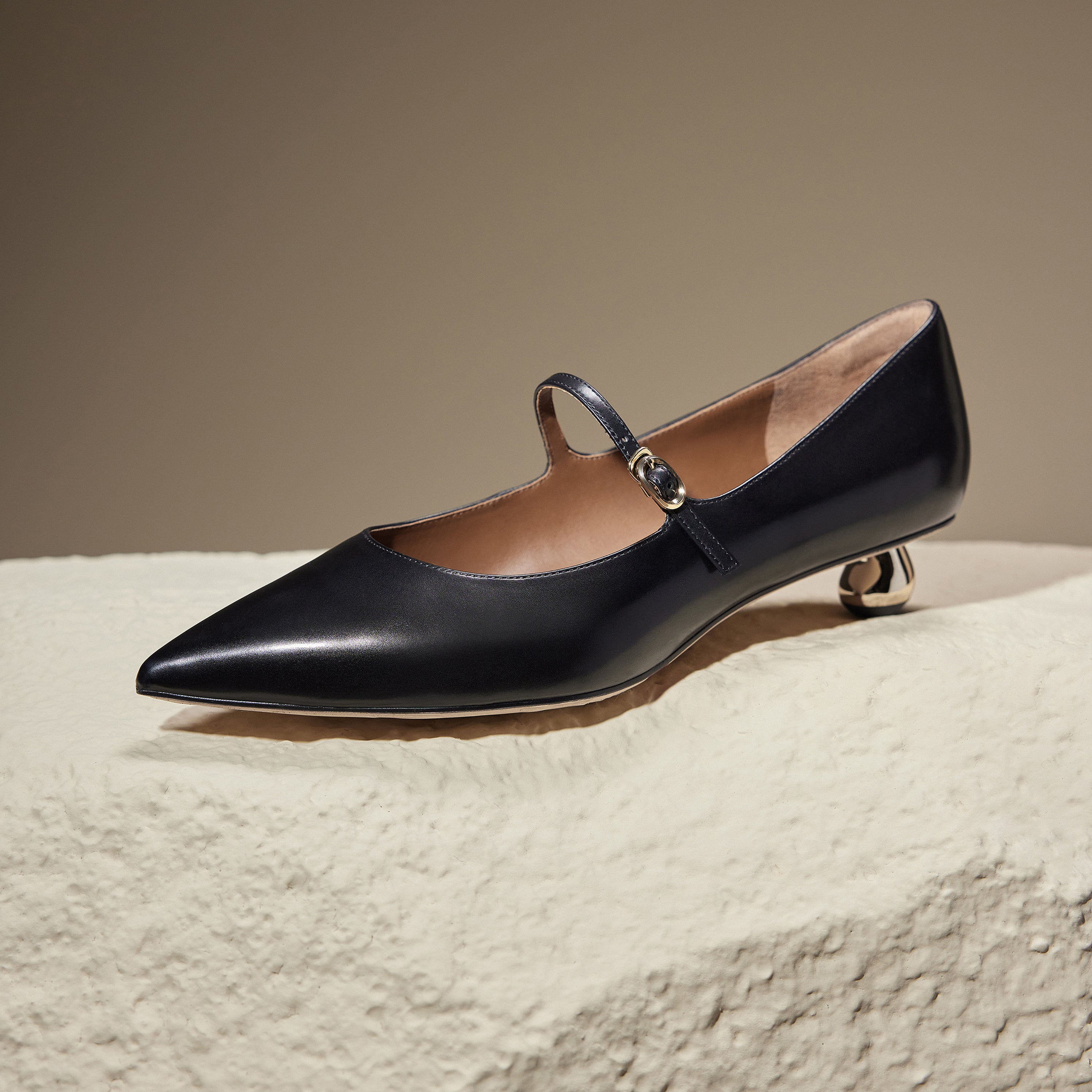 Black Waxy Pointy Strap Golden Heel Pumps
