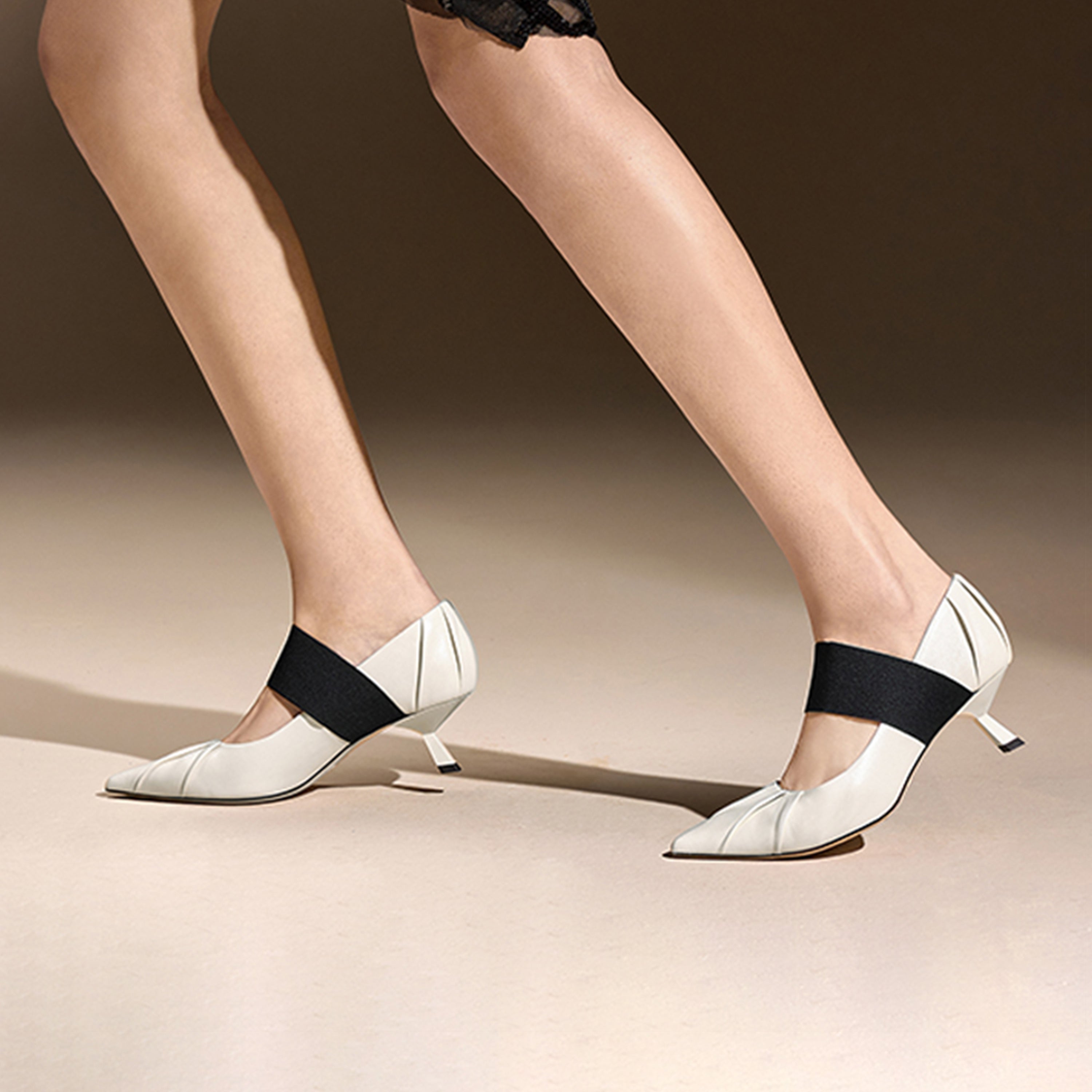 White Pleated Pointy Elastic Ballerina Pumps