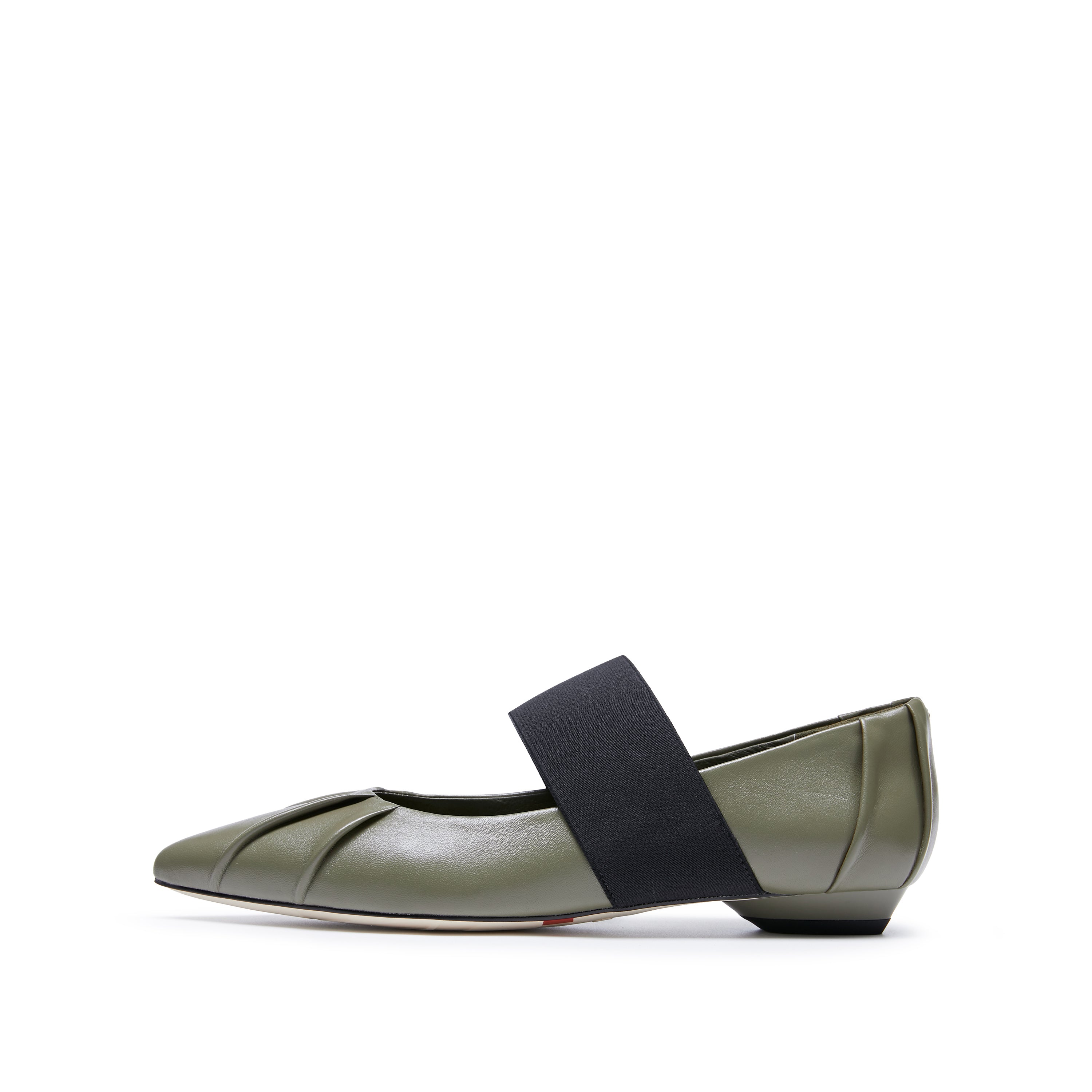Army Pleated Leather Pointed Ballerina Flats