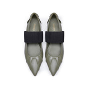 Army Pleated Leather Pointed Ballerina Flats