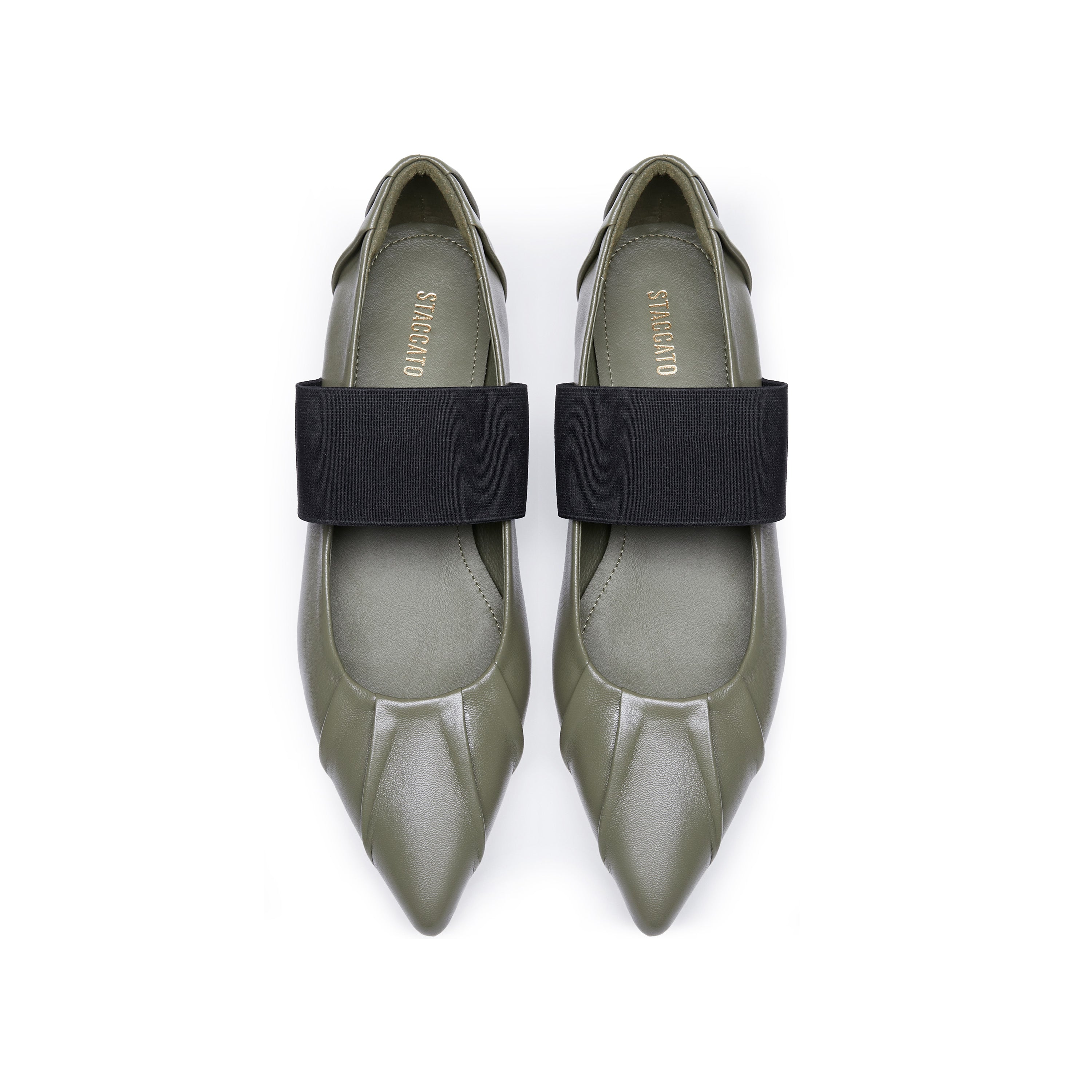 Army Pleated Leather Pointed Ballerina Flats