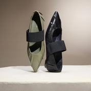 Army Pleated Leather Pointed Ballerina Flats