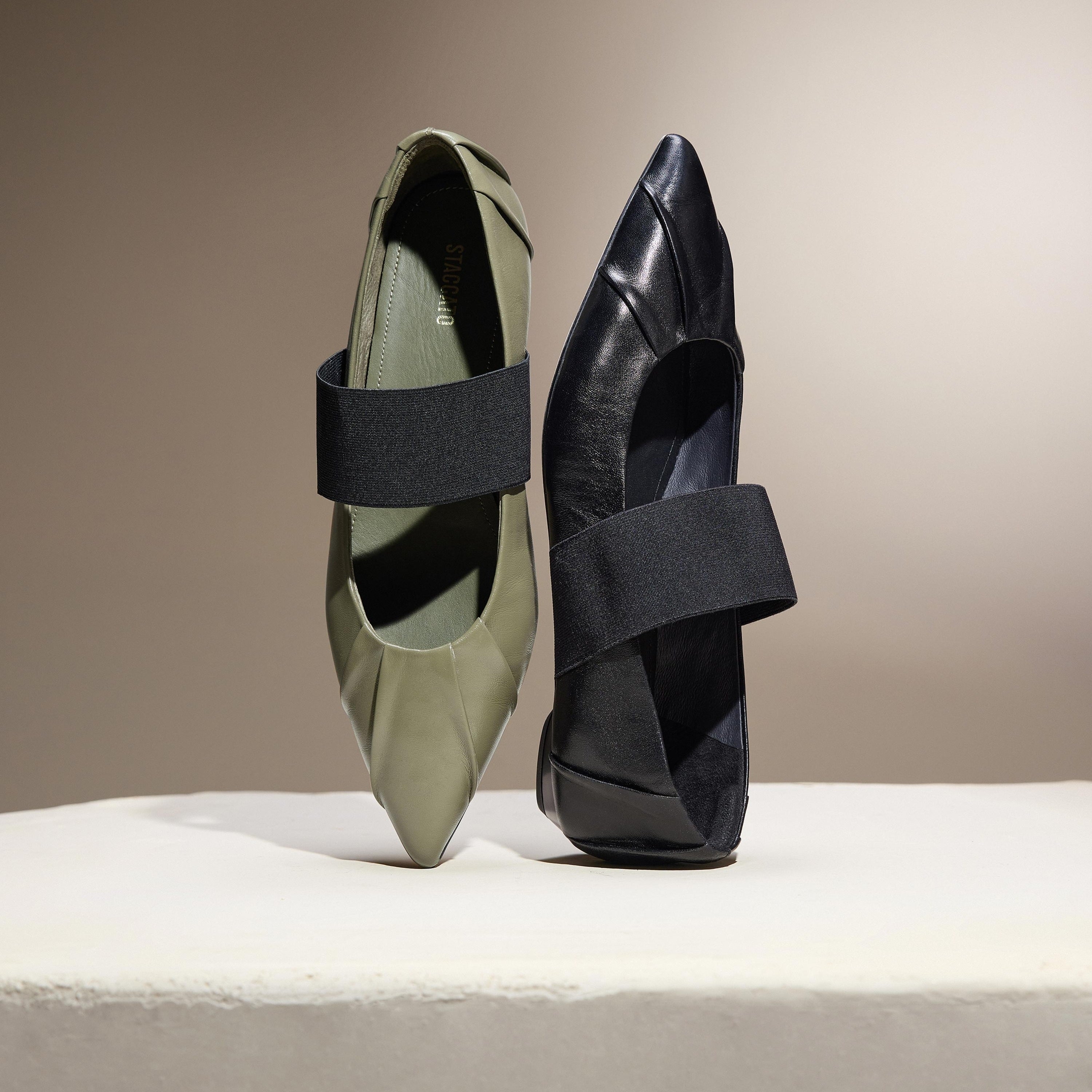 Army Pleated Leather Pointed Ballerina Flats