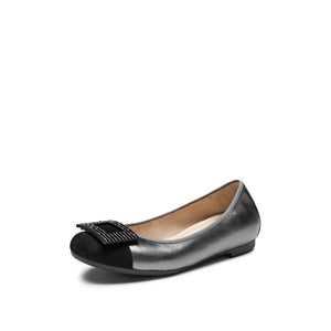 Silvery Grey Square Buckle Leather Ballerina Flats