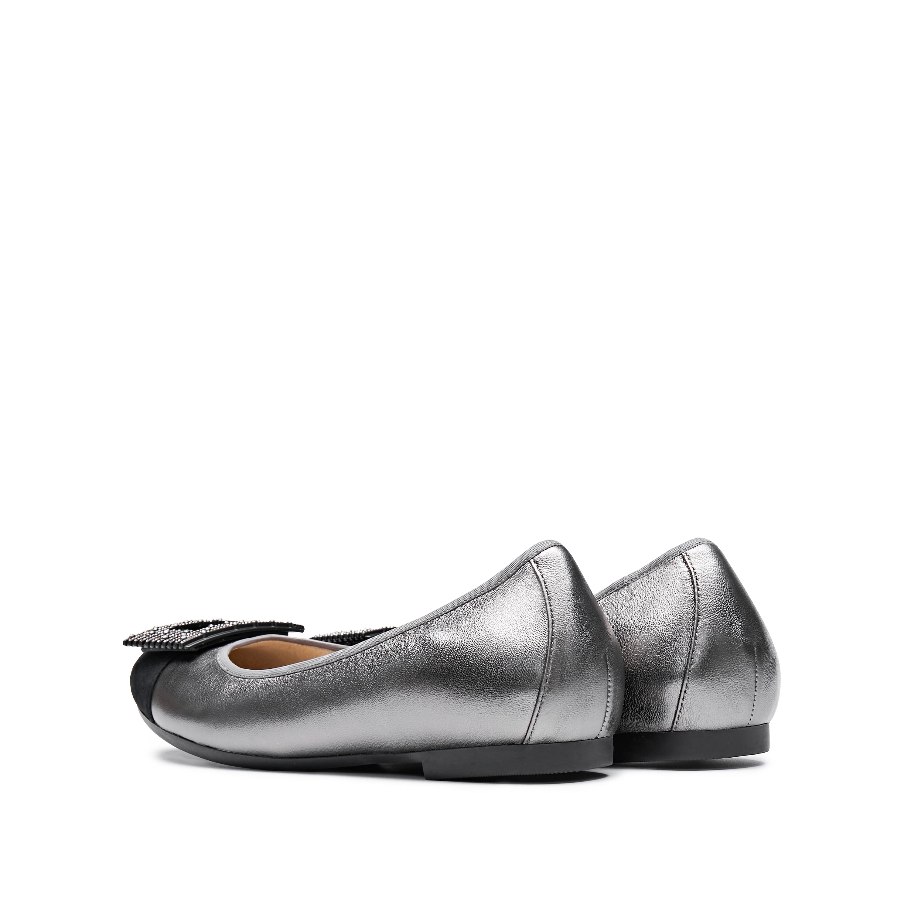 Silvery Grey Square Buckle Leather Ballerina Flats