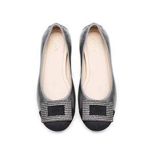 Silvery Grey Square Buckle Leather Ballerina Flats