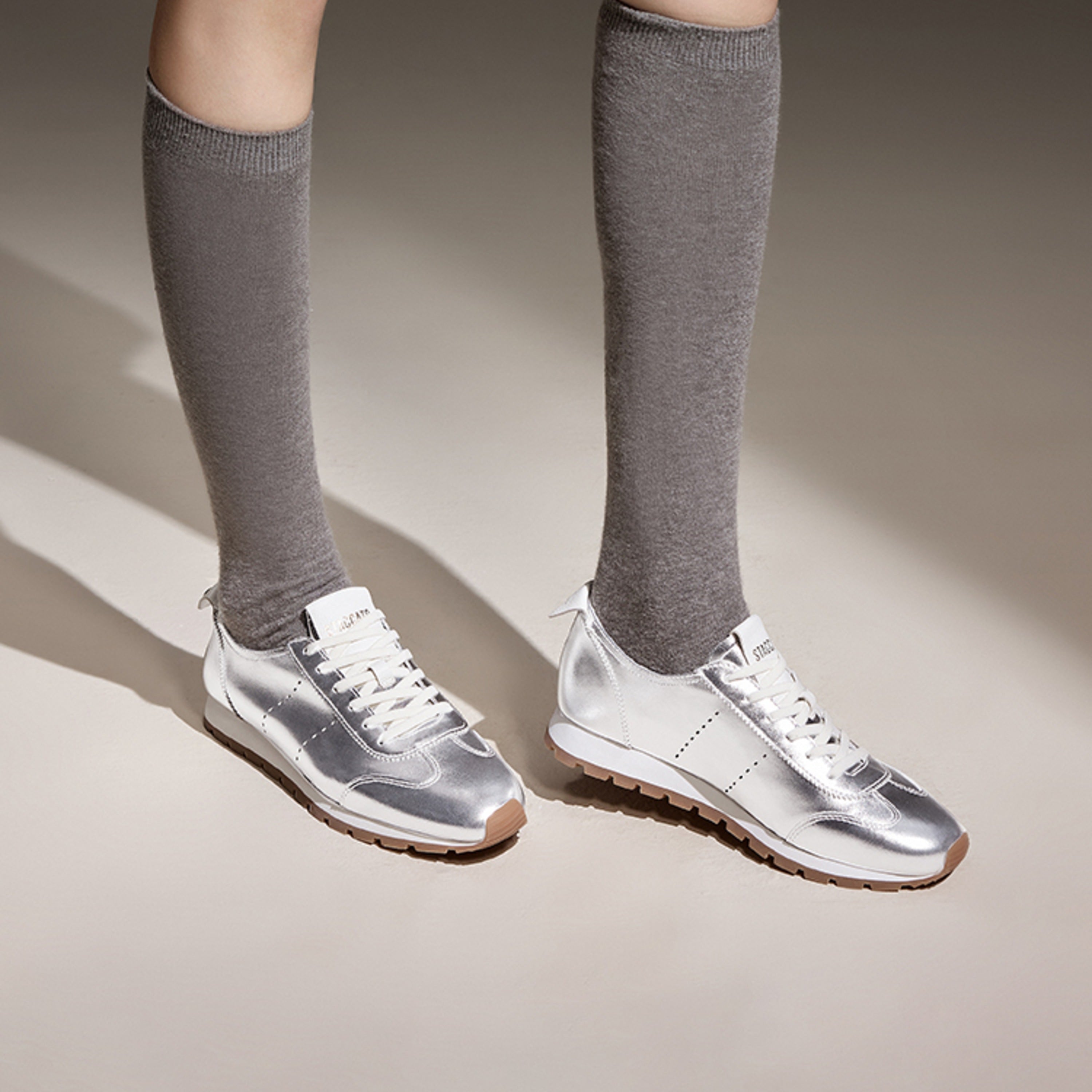 Silver Leather Slim- cut Lace-up Runner