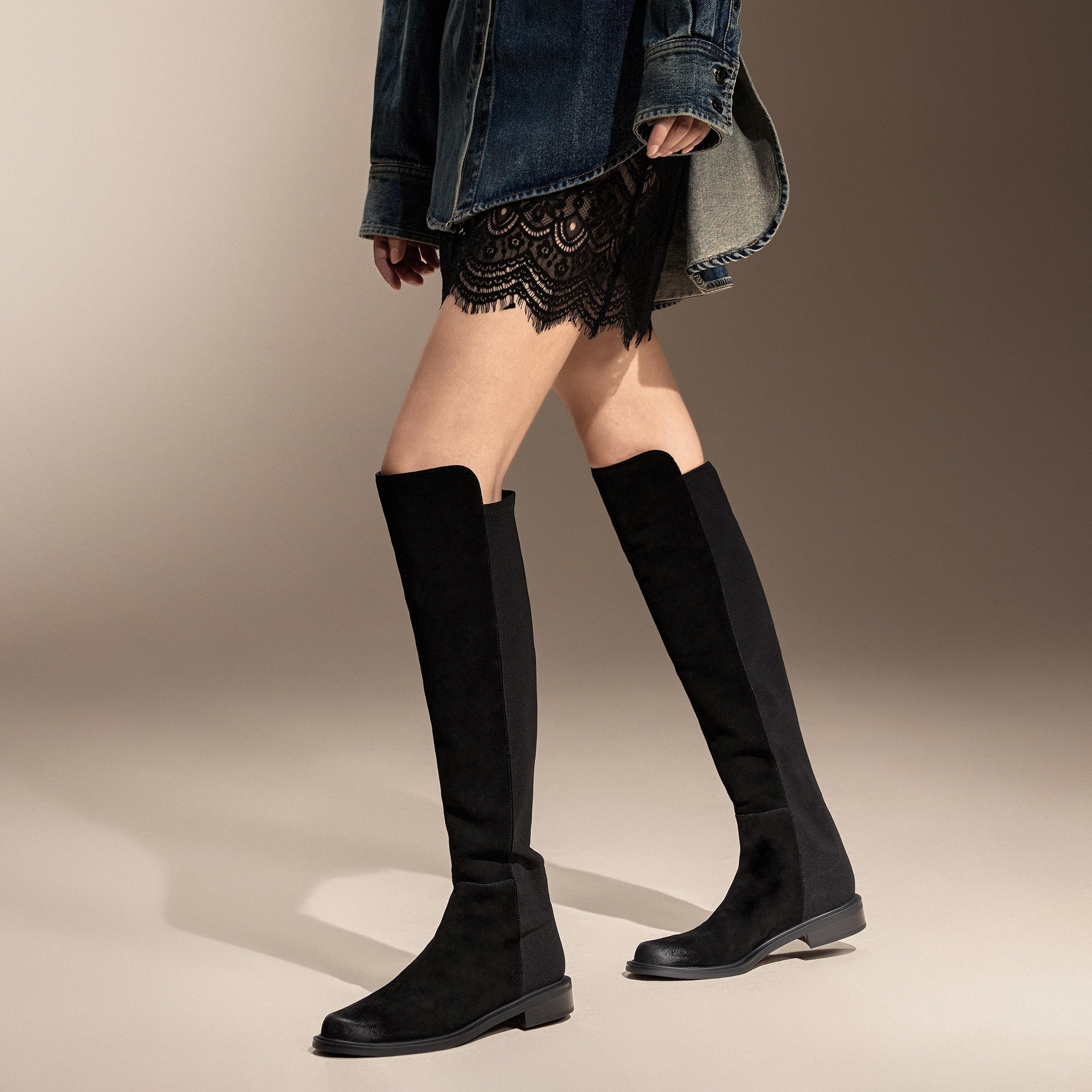 Black Leather Minimal High Knee Sock Boots