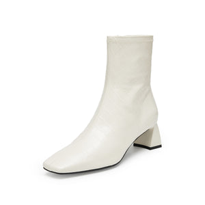 Beige Square Toe Embossed Heeled Boots