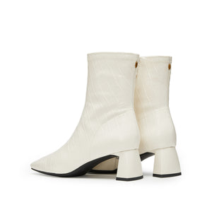 Beige Square Toe Embossed Heeled Boots