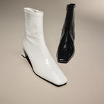 Load image into Gallery viewer, Beige Square Toe Embossed Heeled Boots
