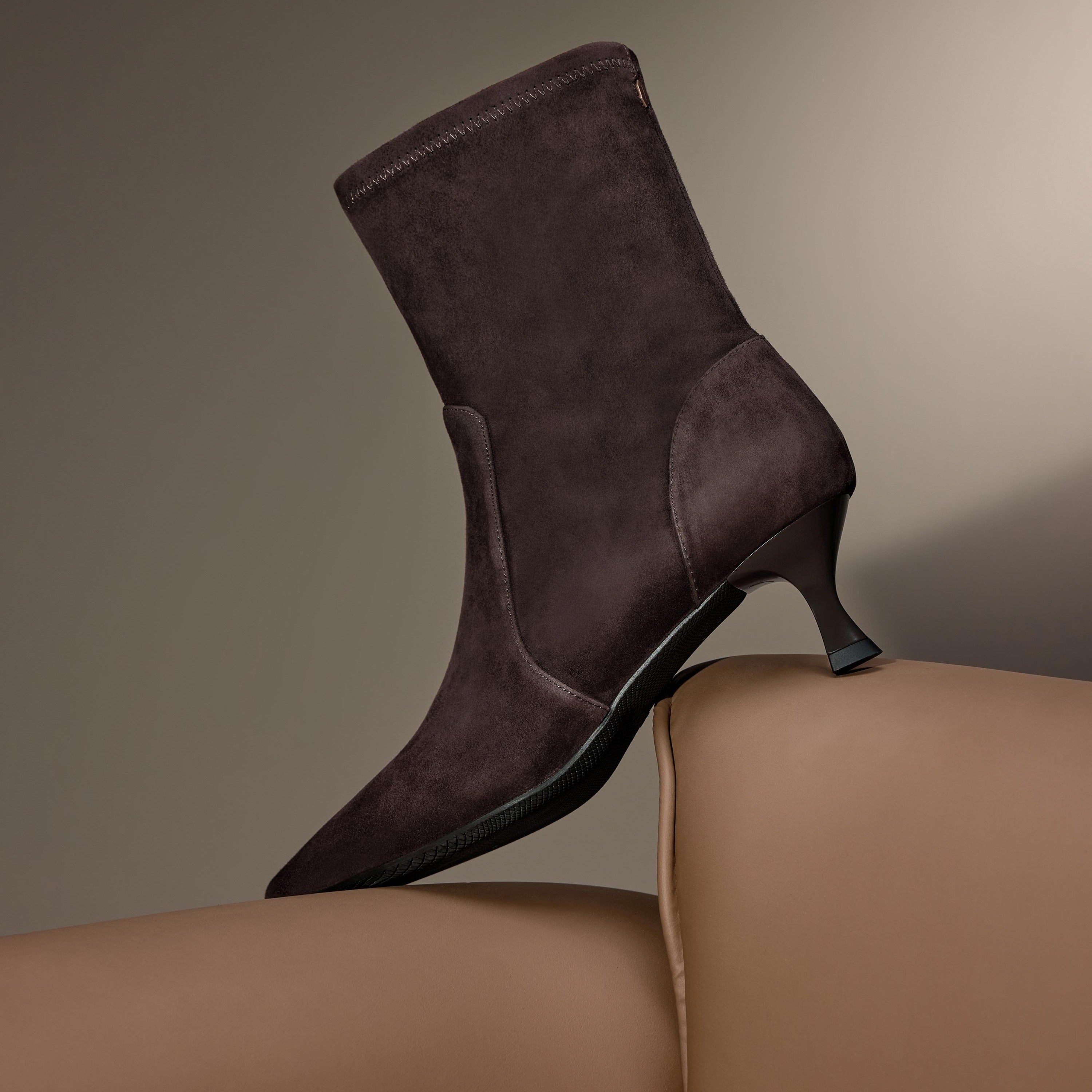 Brown Pointy Suede Ankle Sock Boots