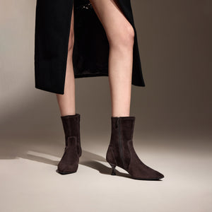 Brown Pointy Suede Ankle Sock Boots