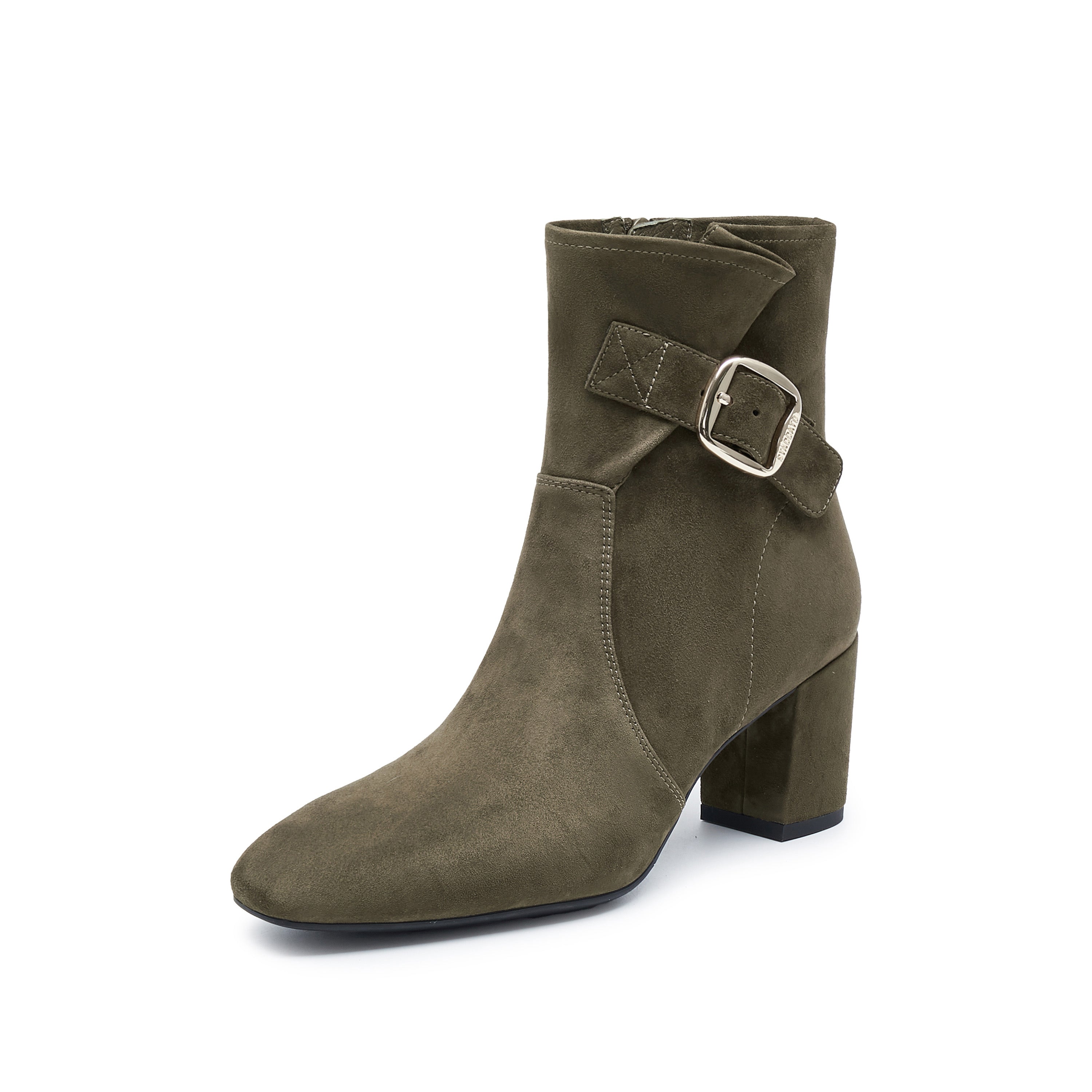 Olive Buckle Suede Ankle Heeled Boots