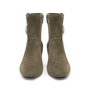 Olive Buckle Suede Ankle Heeled Boots