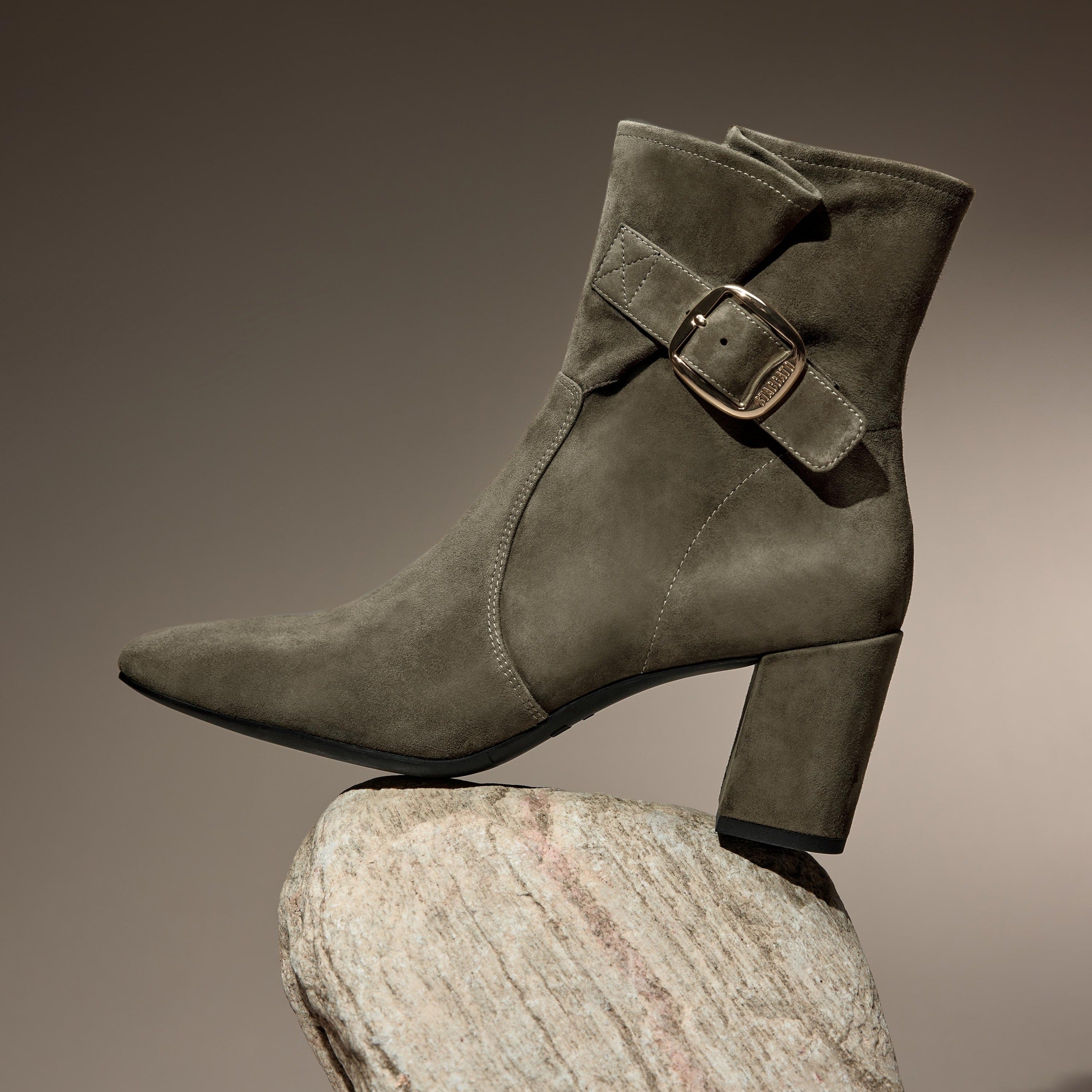 Olive Buckle Suede Ankle Heeled Boots