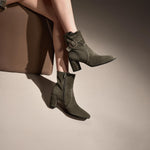 Load image into Gallery viewer, Olive Buckle Suede Ankle Heeled Boots
