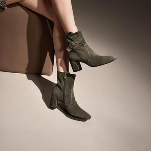 Olive Buckle Suede Ankle Heeled Boots