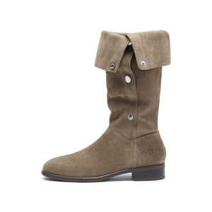 Khaki Buttons Under Knee Slouchy Flat Boots