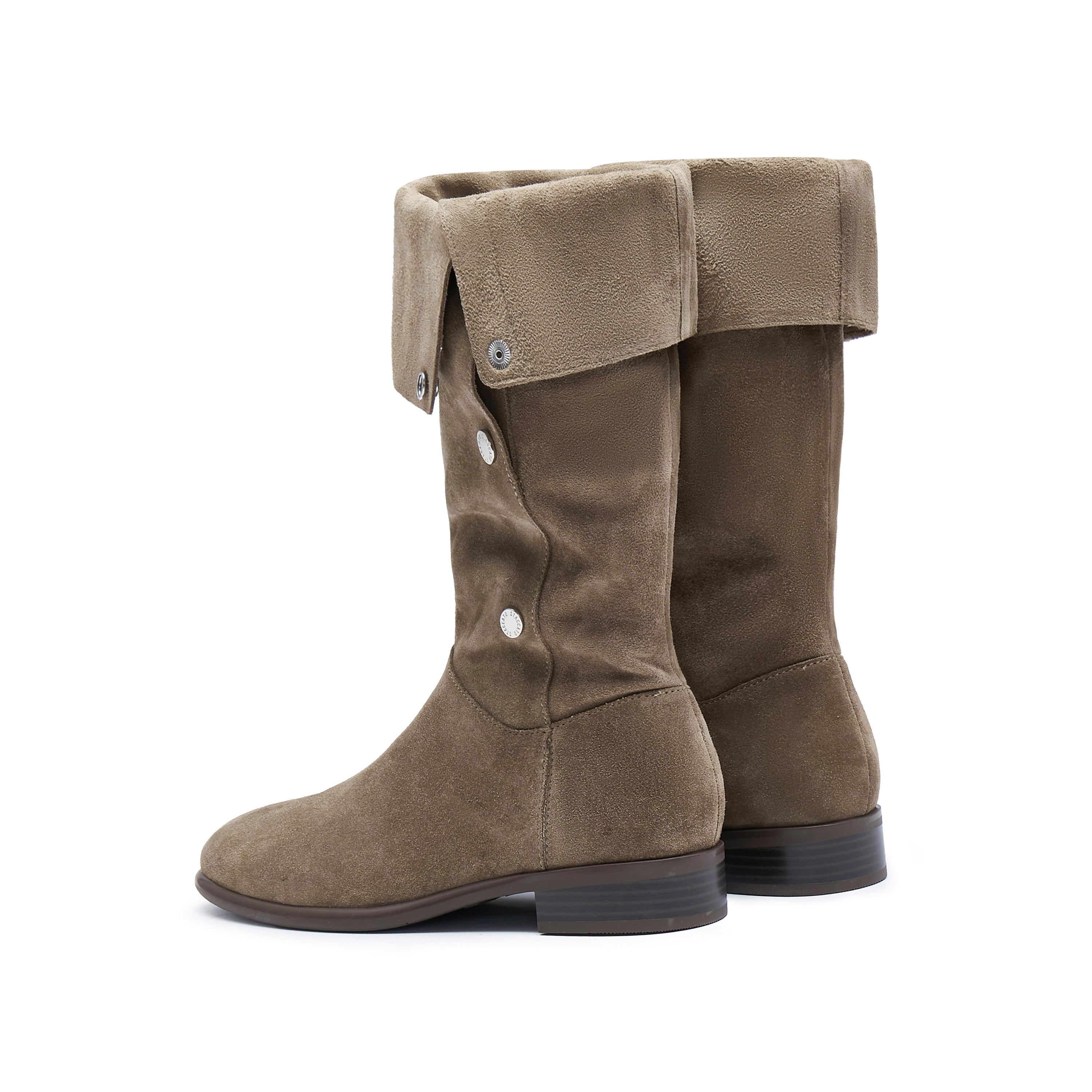 Khaki Buttons Under Knee Slouchy Flat Boots