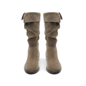 Khaki Buttons Under Knee Slouchy Flat Boots