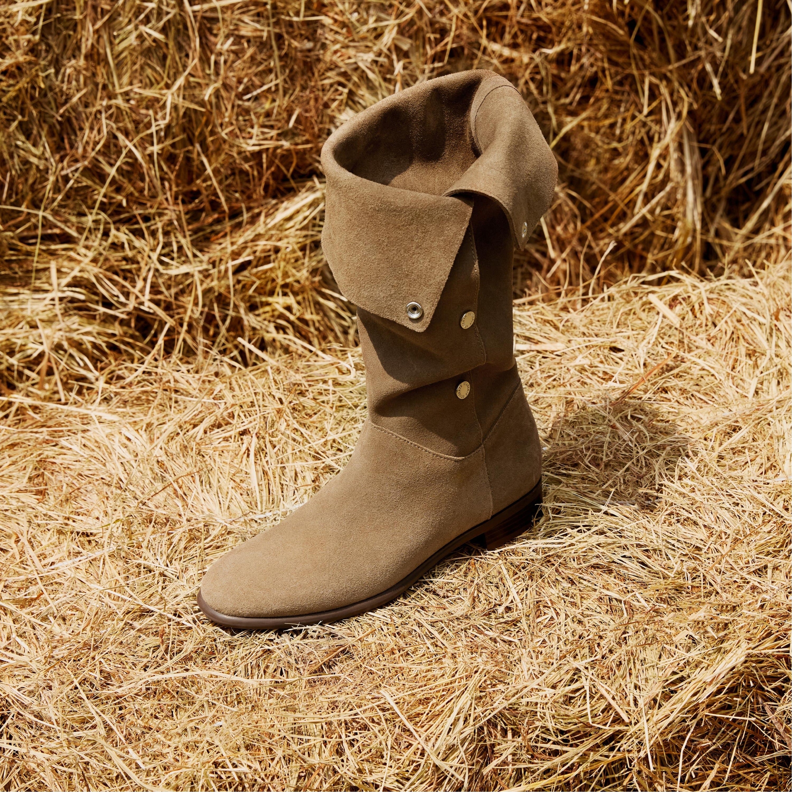 Khaki Buttons Under Knee Slouchy Flat Boots