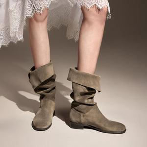 Khaki Buttons Under Knee Slouchy Flat Boots