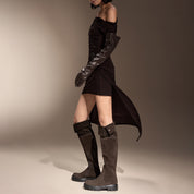 Black Buttons Under Knee Slouchy Chunky Boots