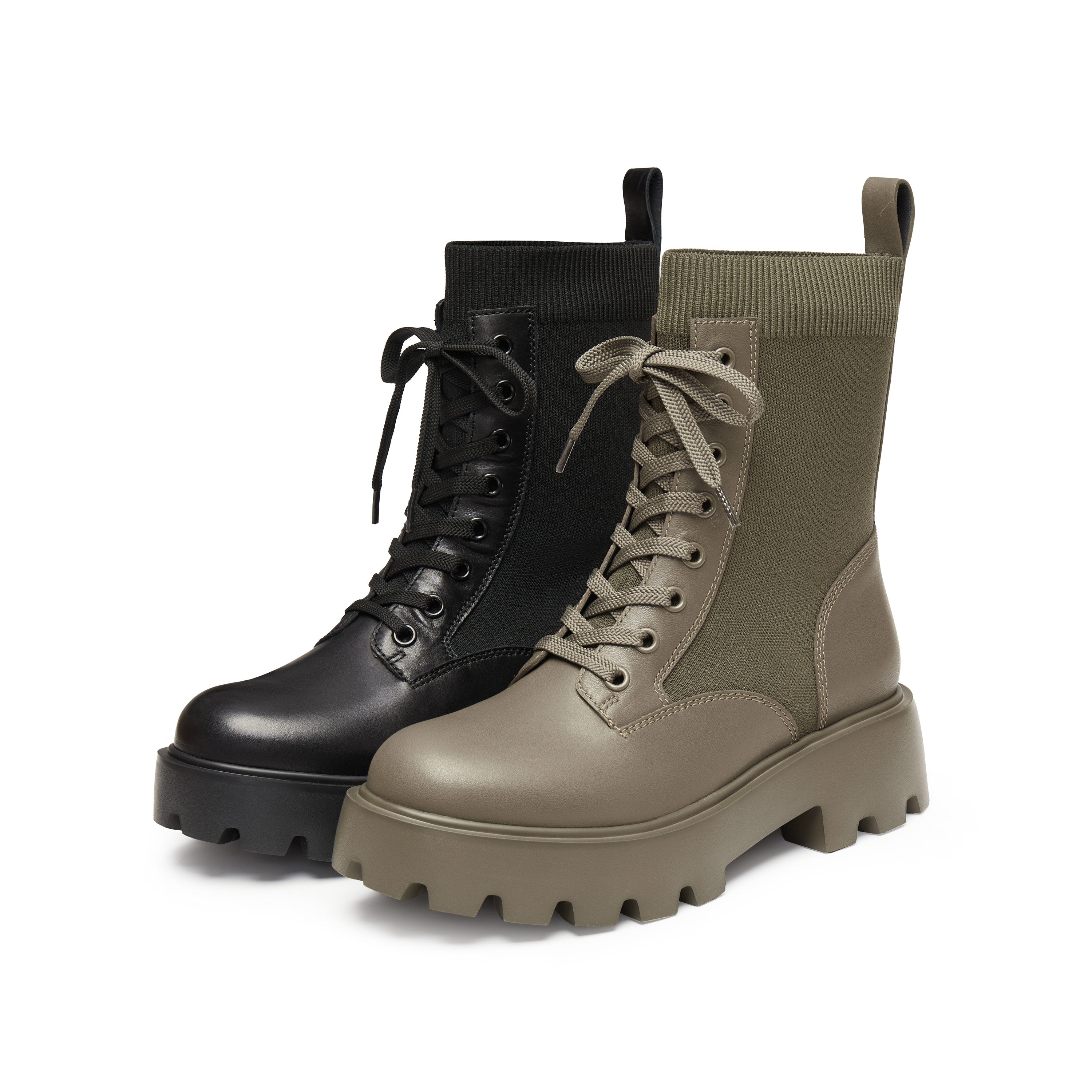 Olive Lace-Up Knitted Chunky Combat Boots