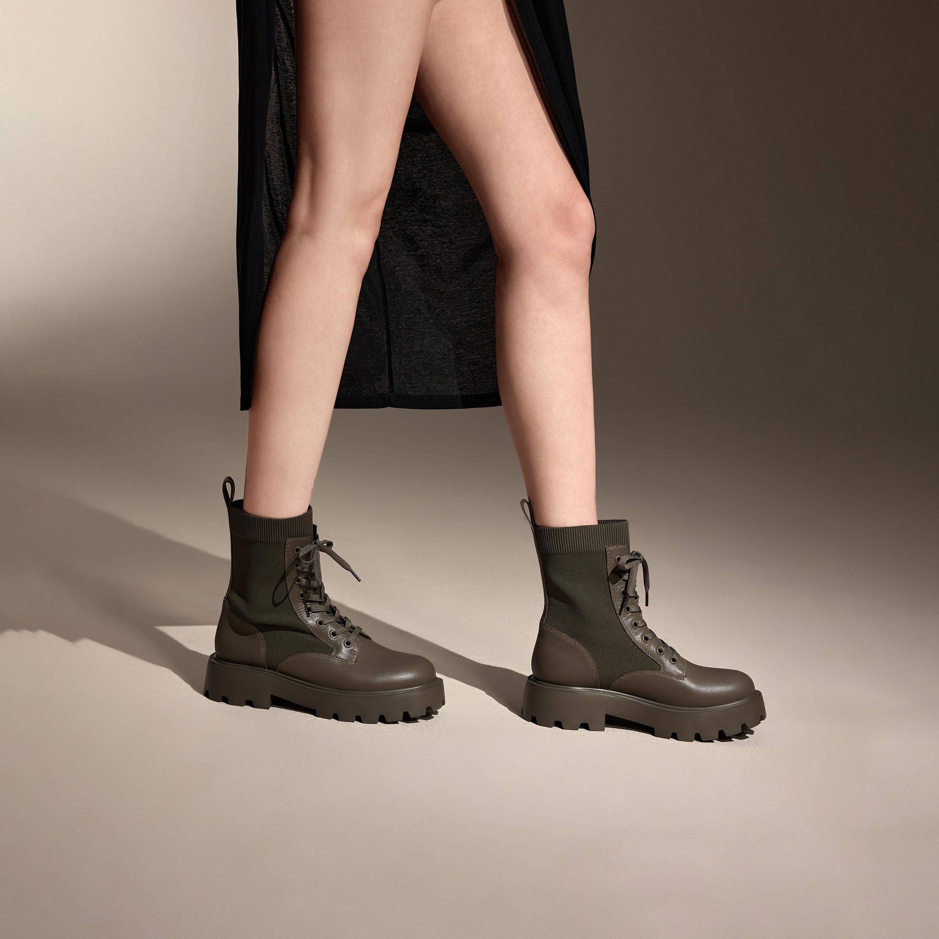 Olive Lace-Up Knitted Chunky Combat Boots