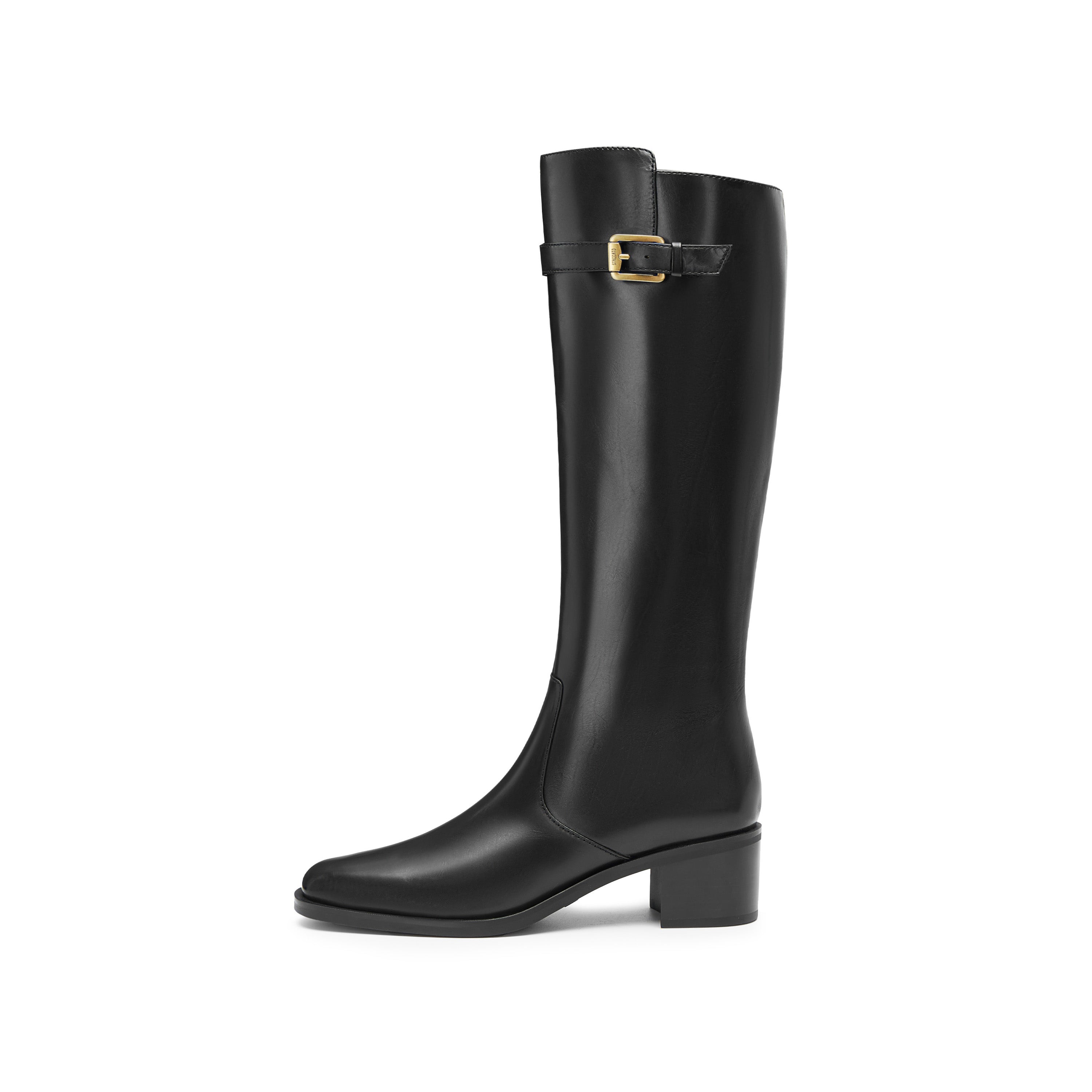Black Golden Buckle Long Heeled Riding Boots