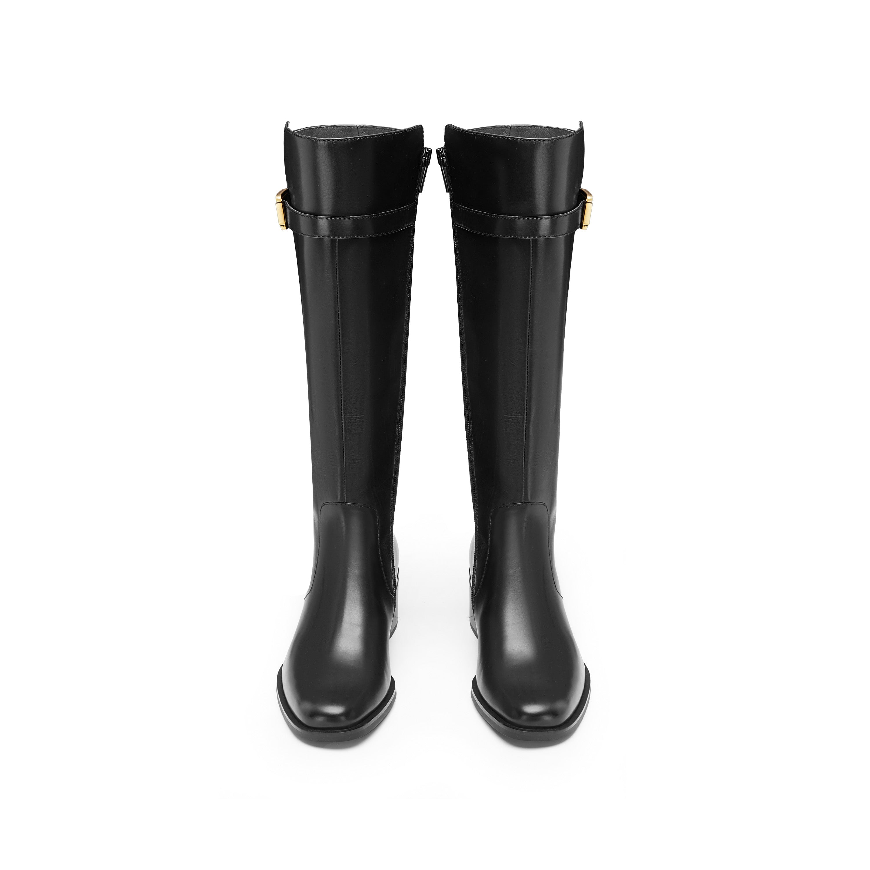 Black Golden Buckle Long Heeled Riding Boots