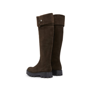 Brown Buttons Under Knee Slouchy Chunky Boots